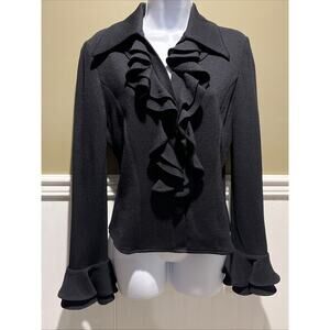 Vtg St John Black Santana Knit, Ruffled Front & Sleeve Cuff Jacket Size 2 EUC